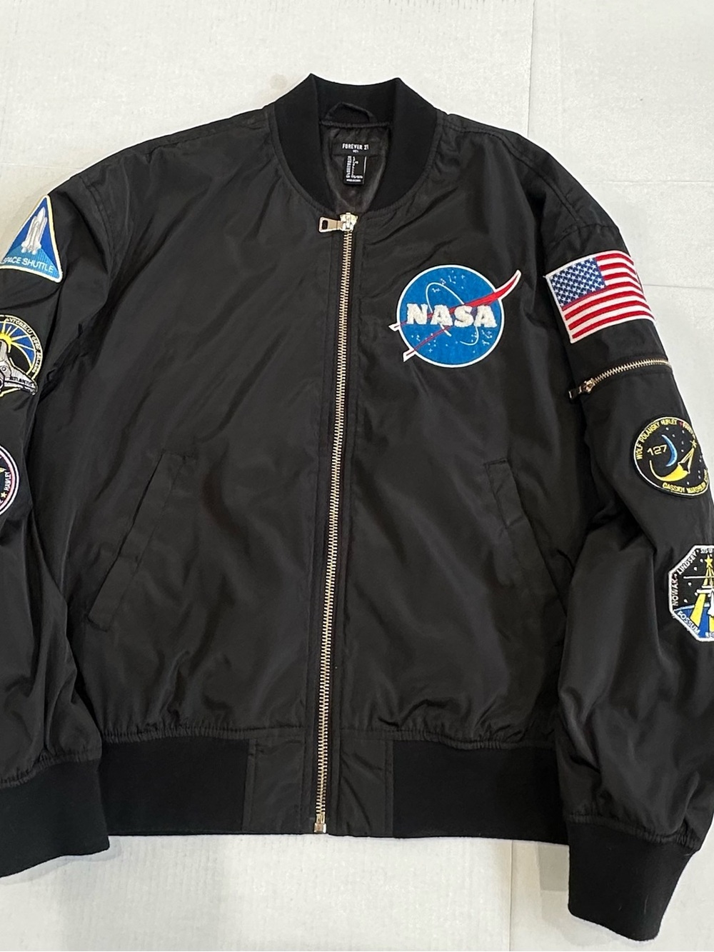 Forever 21 Black Bomber Jacket with NASA & Flag Patches